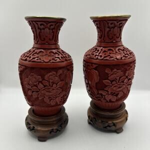 2 VTG Chinese Cinnabar Lacquer Vase Blue Enamel Interior Floral Figural 6 3/4